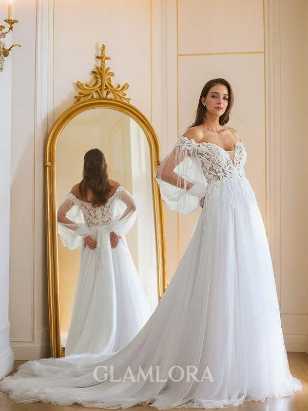 A-line Off-the-Shoulder Charming Long Sleeves Chapel Train Tulle Wedding Dresses