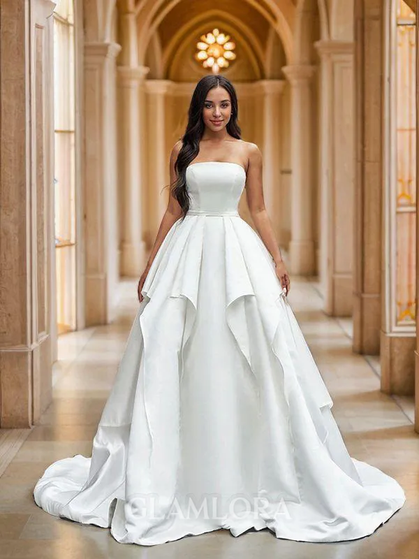Ball Gown Strapless Cute Sleeveless Court Train Satin Wedding Dresses
