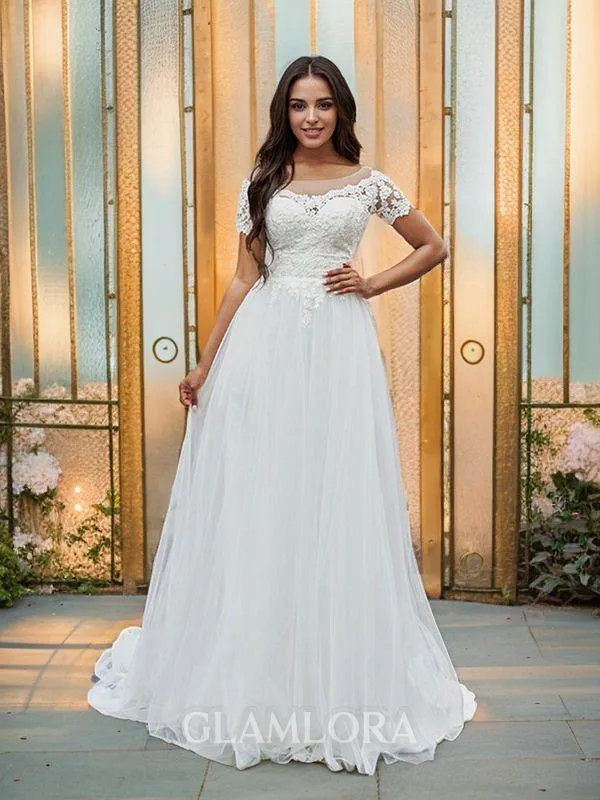 A-line Charming Scoop Short Sleeves Sweep Train Tulle Wedding Dresses