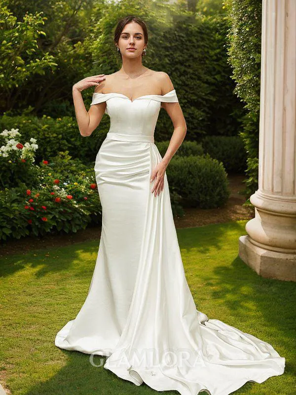 Sheath/Column Off-the-Shoulder Flattering Sleeveless Court Train Charmeuse Wedding Dresses