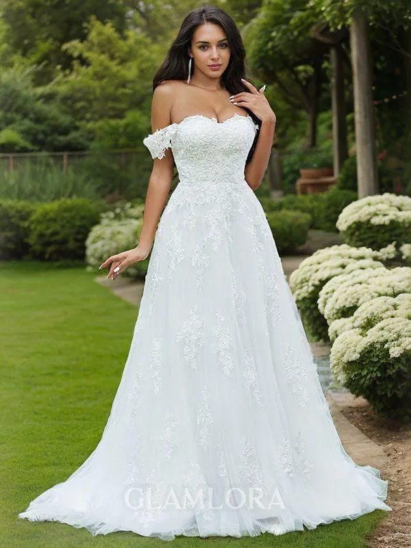 Chic A-line Off-the-Shoulder Sleeveless Sweep Train Lace Wedding Dresses