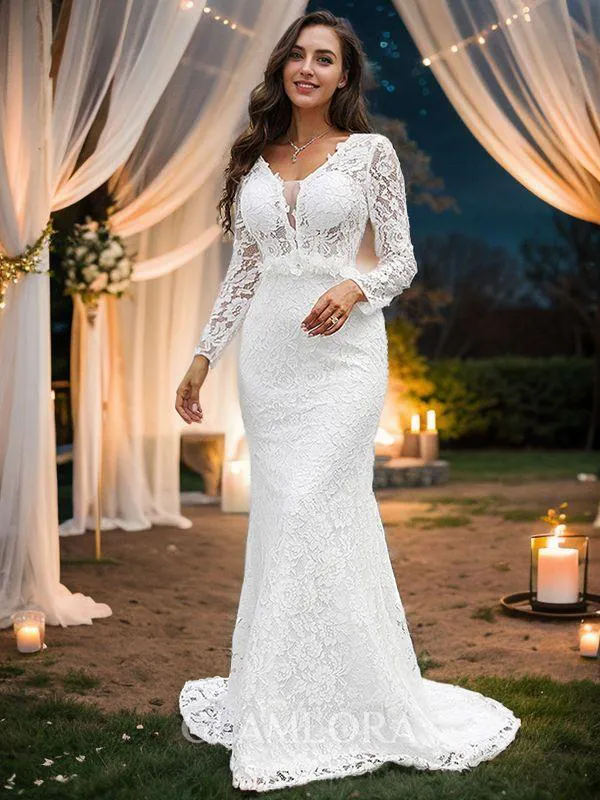 Sheath/Column V-Neck Long Sleeves Sweep Train Refined Lace Wedding Dresses
