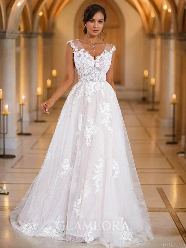 A-line V-Neck Feminine Sleeveless Sweep Train Lace Wedding Dresses