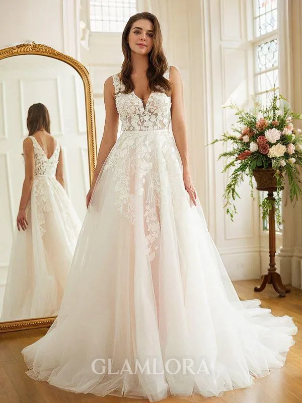 A-line V-Neck Trendy Sleeveless Chapel Train Tulle Wedding Dresses