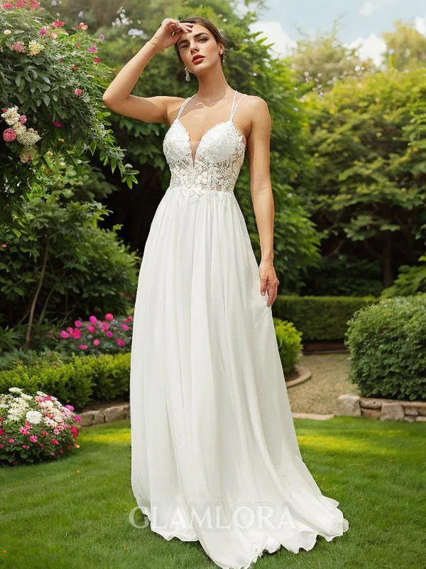 A-line V-Neck Sophisticated Sleeveless Sweep Train Chiffon Wedding Dresses