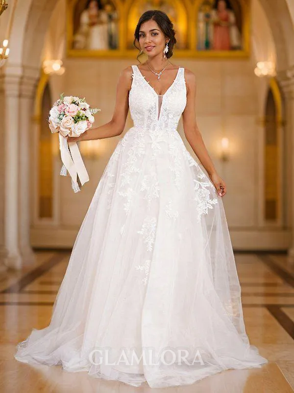 A-line V-Neck Sleeveless Beautiful Sweep Train Lace Wedding Dresses