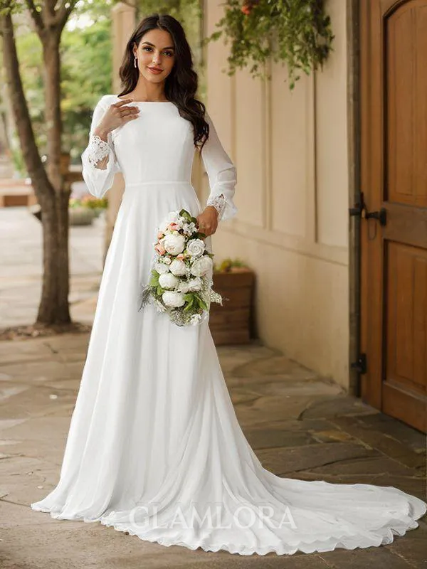 A-line Scoop Stylish Long Sleeves Court Train Chiffon Wedding Dresses