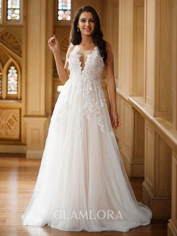 A-line Scoop Modest Sleeveless Sweep Train Tulle Wedding Dresses