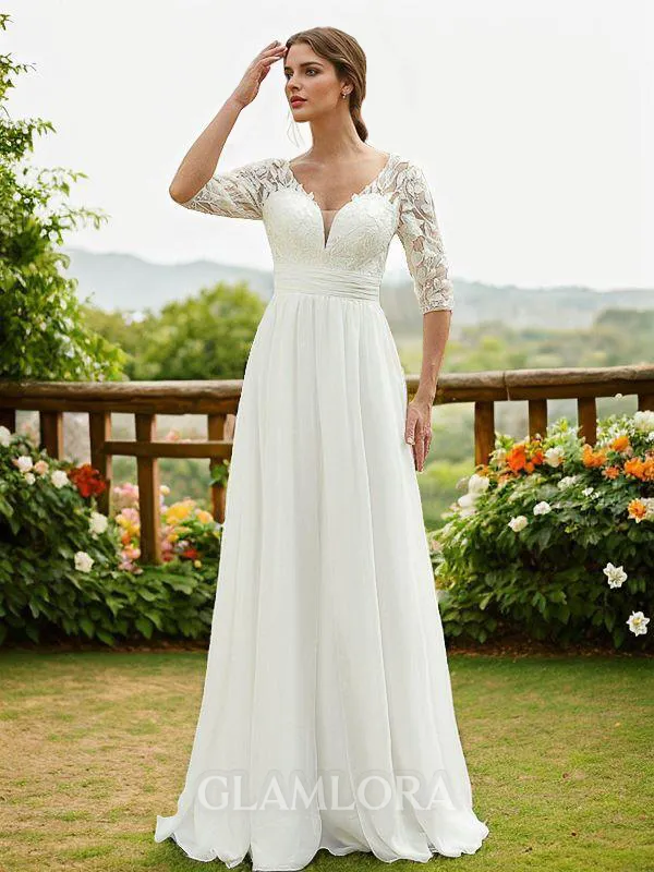 A-line V-Neck Dazzling 1/2 Sleeves Floor-Length Chiffon Wedding Dresses