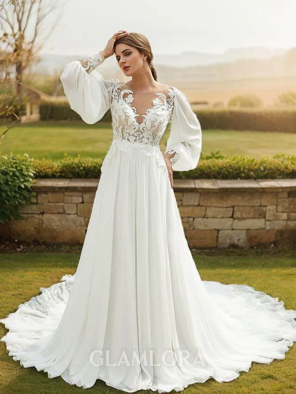 A-line Scoop Chic Long Sleeves Chapel Train Chiffon Wedding Dresses