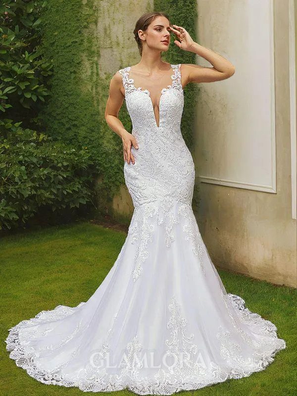 Trumpet/Mermaid Scoop Curvaceous Sleeveless Court Train Tulle Wedding Dresses