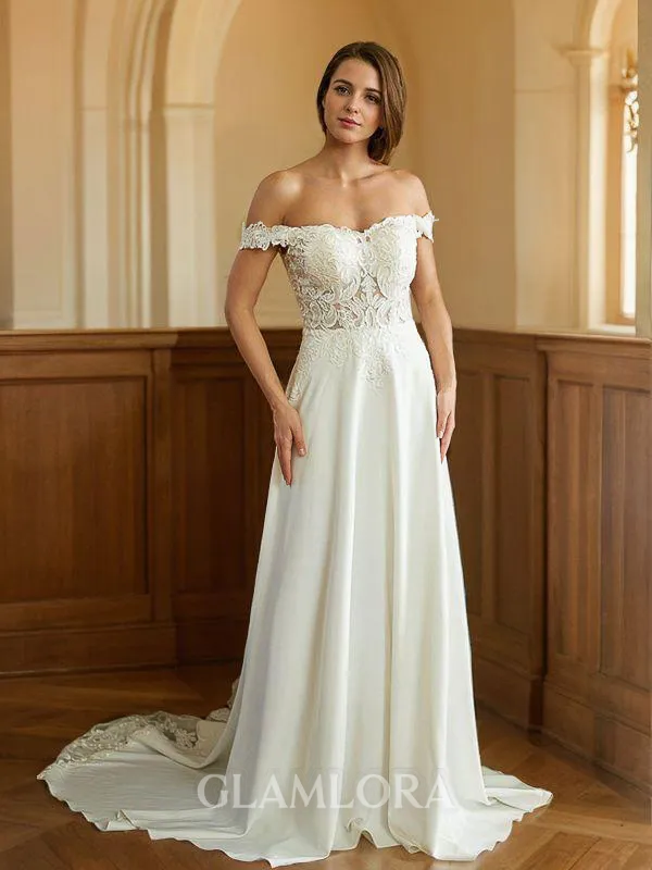 A-line Off-the-Shoulder Classy Short Sleeves Court Train Stretch Crepe Wedding Dresses