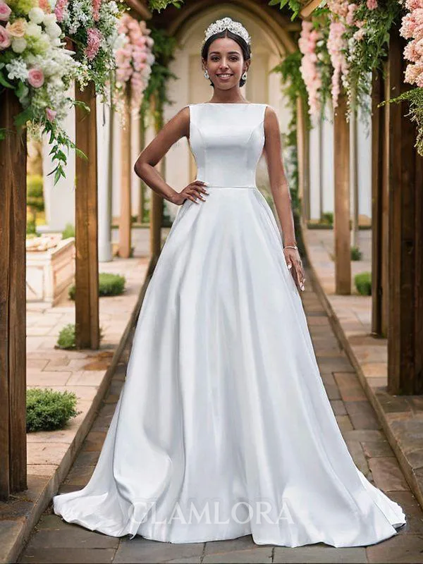 A-line Bateau Elegant Sleeveless Sweep Train Satin Wedding Dresses