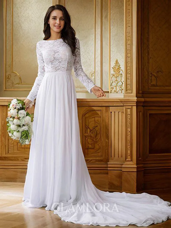 A-line Scoop Flowing Long Sleeves Cathedral Train Chiffon Wedding Dresses