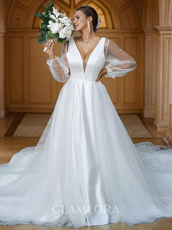 A-line Classy V-Neck Long Sleeves Court Train Tulle Wedding Dresses