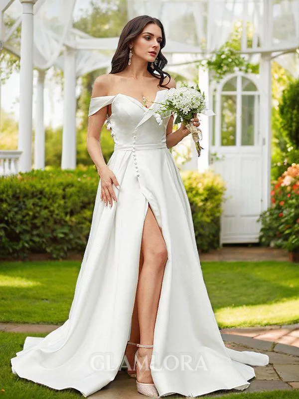A-line Off-the-Shoulder Sleeveless Sweep Train Charming Satin Wedding Dresses