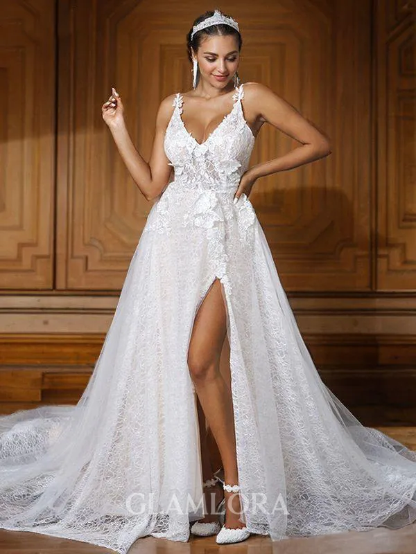 A-line Chic V-Neck Sleeveless Sweep Train Lace Wedding Dresses