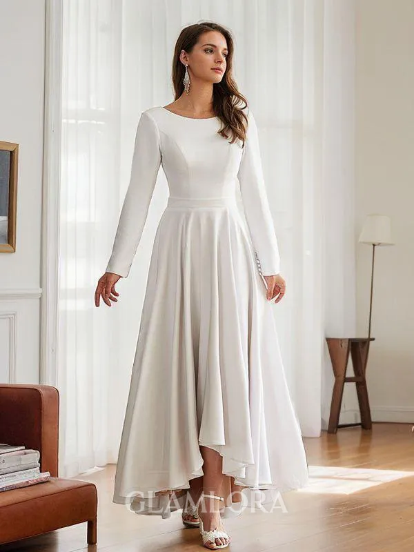 A-line Scoop Subtle Long Sleeves Asymmetrical Stretch Crepe Wedding Dresses