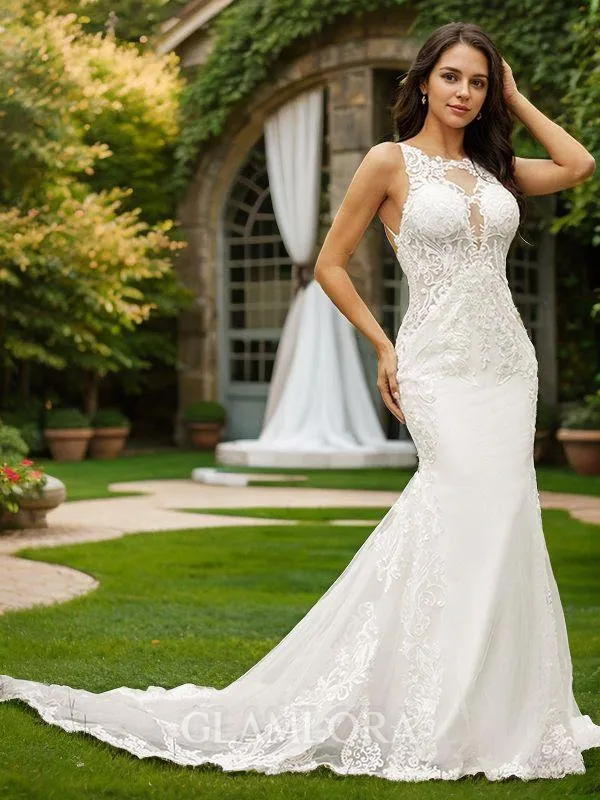 Sheath/Column Scoop Attention-grabbing Sleeveless Cathedral Train Stretch Crepe Wedding Dresses