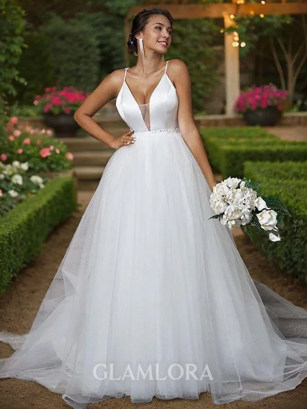 A-line V-Neck Sleeveless Sweep Train Elegant Tulle Wedding Dresses