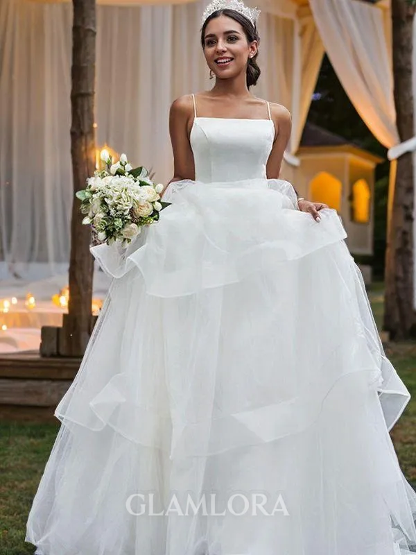 A-line Graceful Spaghetti Straps Sleeveless Sweep Train Tulle Wedding Dresses