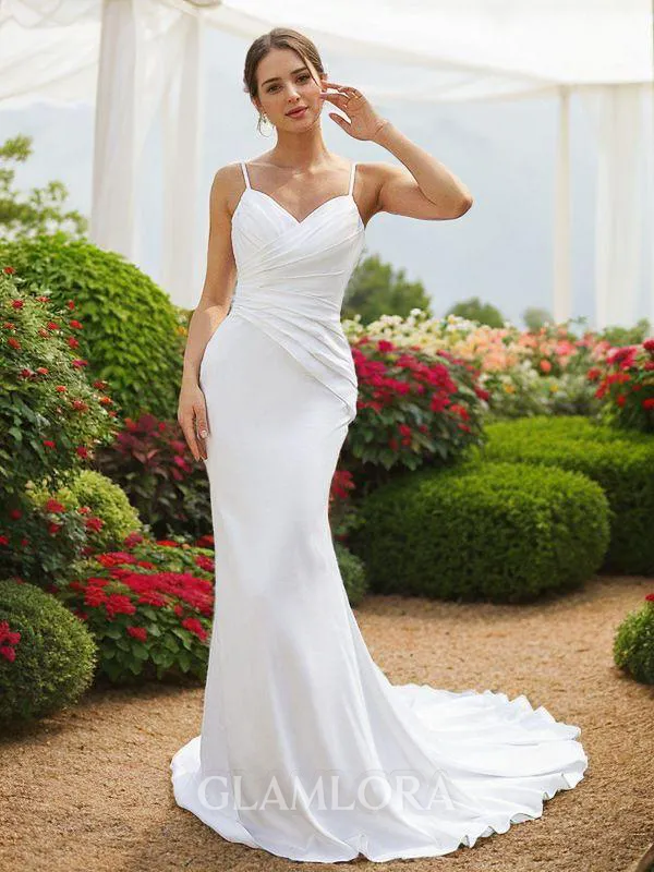 Sheath/Column V-Neck Classic Sleeveless Court Train Charmeuse Wedding Dresses