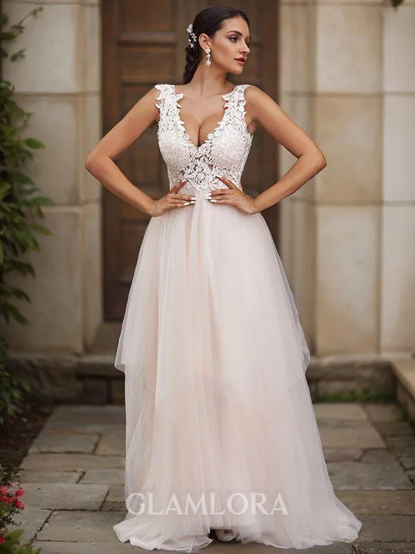A-line V-Neck Sleeveless Sweep Train Charming Tulle Wedding Dresses