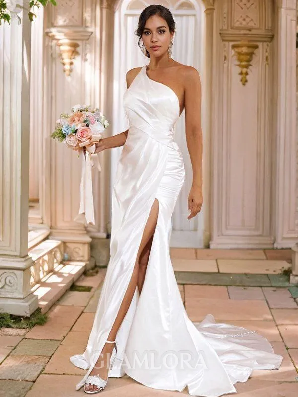 Sheath/Column One-Shoulder Chic Sleeveless Sweep Train Satin Wedding Dresses