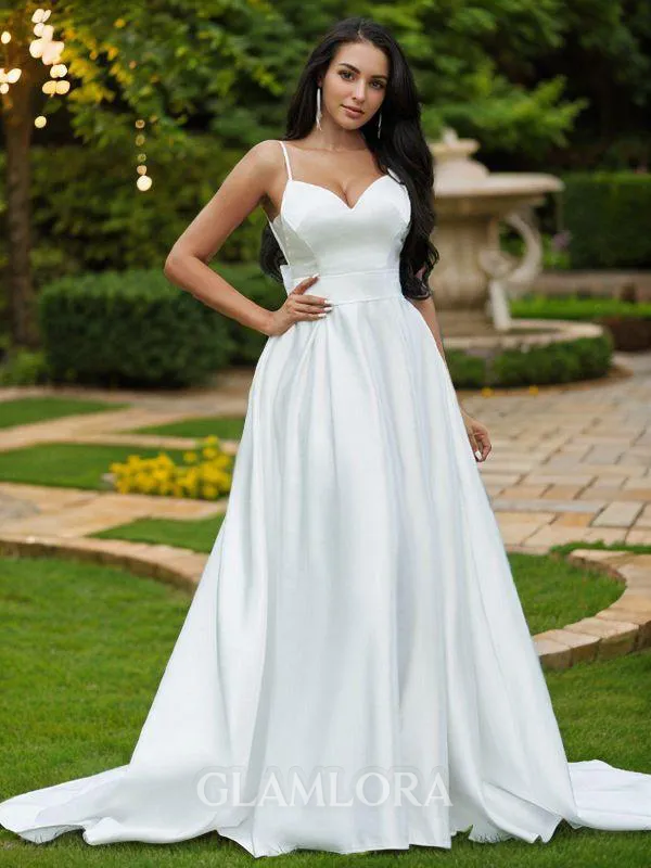 A-line V-Neck Sleeveless Dreamy Sweep Train Satin Wedding Dresses