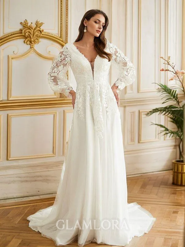 A-line V-Neck Elegant Long Sleeves Court Train Open Back Tulle Wedding Dresses