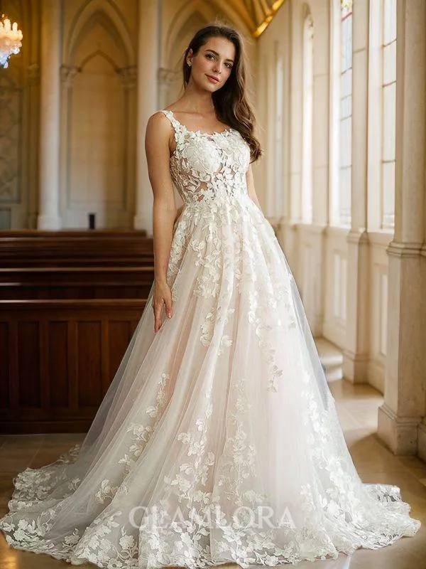 A-line Straps Modest Sleeveless Court Train Tulle Wedding Dresses