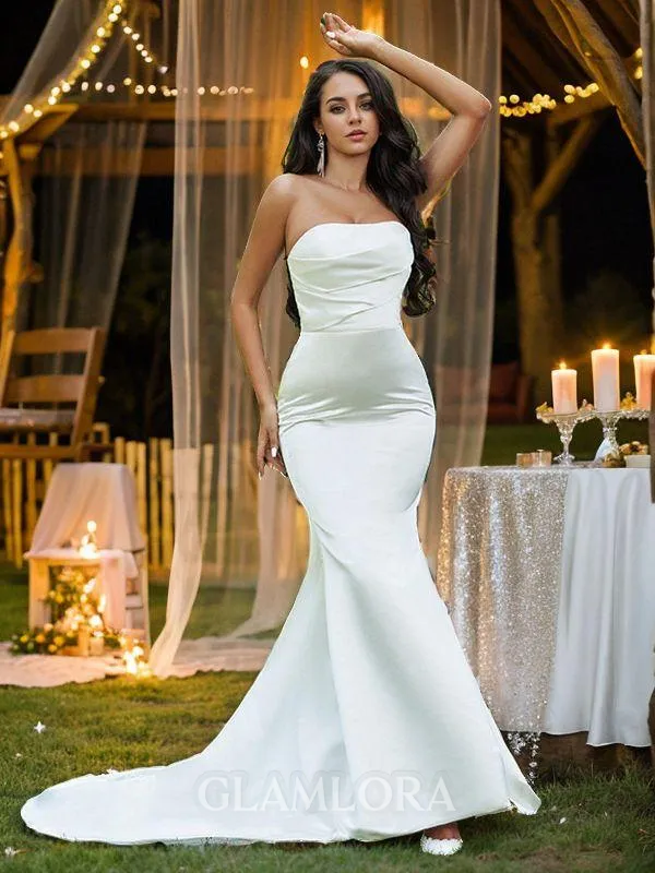 Trumpet/Mermaid Strapless Sleeveless Sweep Train Satin Glamorous Wedding Dresses