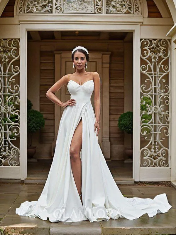Flattering A-line Sweetheart Sleeveless Court Train Stretch Crepe Wedding Dresses