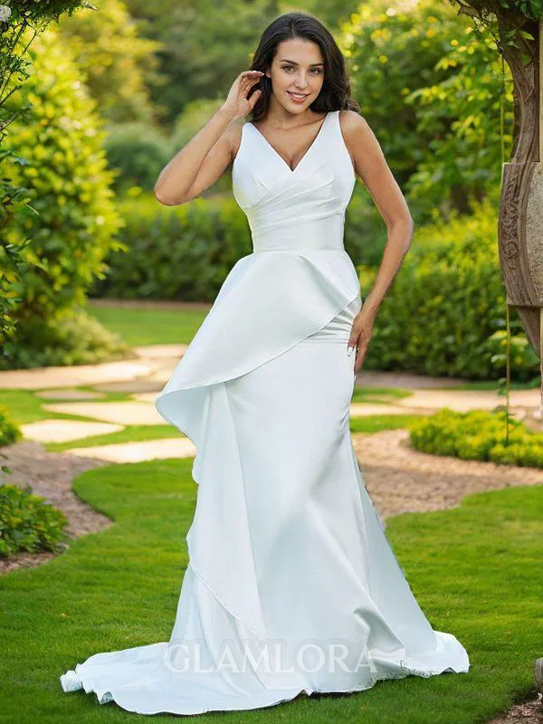 Sheath/Column Classy V-Neck Sleeveless Sweep Train Satin Wedding Dresses