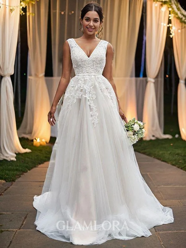 A-line V-Neck Sleeveless Sweep Train Exquisite Tulle Wedding Dresses