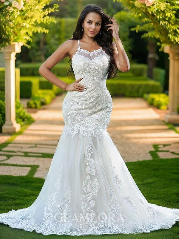 Trumpet/Mermaid Spaghetti Straps Sleeveless Striking Sweep Train Lace Wedding Dresses