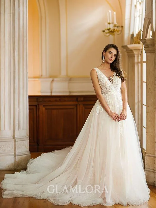 A-line V-Neck Perfect Sleeveless Cathedral Train Tulle Wedding Dresses