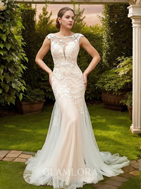 Sheath/Column Scoop Graceful Sleeveless Court Train Open Back Tulle Wedding Dresses