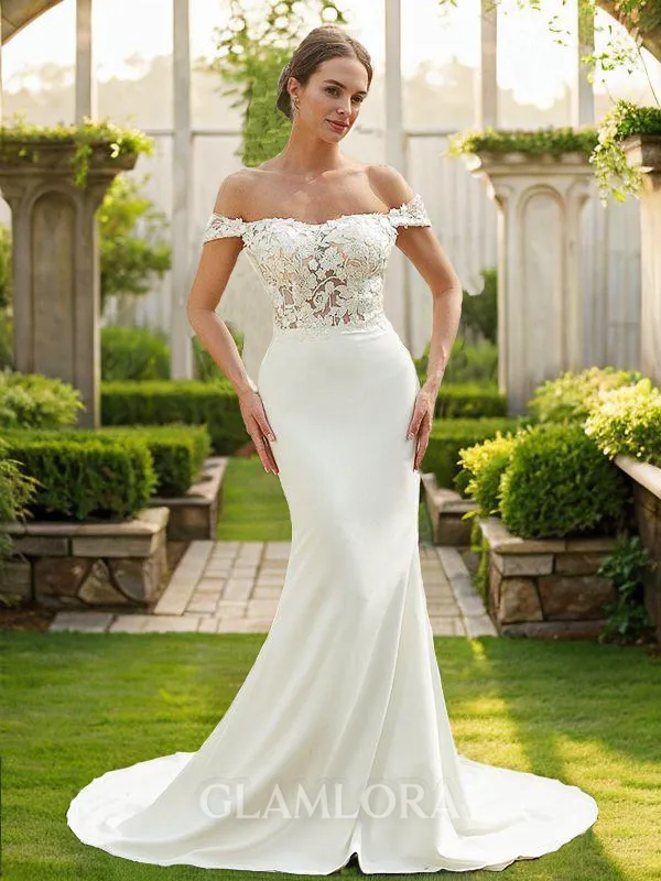 Sheath/Column Off-the-Shoulder Timeless Sleeveless Court Train Stretch Crepe Wedding Dresses