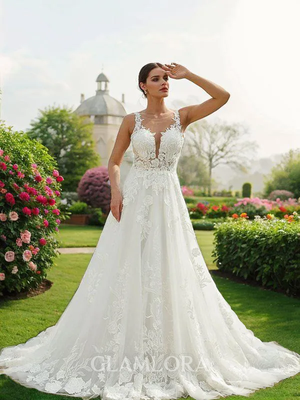 A-line Scoop Classic Sleeveless Chapel Train Tulle Wedding Dresses