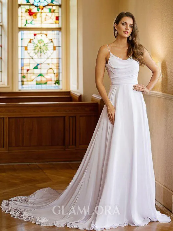 A-line Spaghetti Straps Timeless Sleeveless Chapel Train Chiffon Wedding Dresses