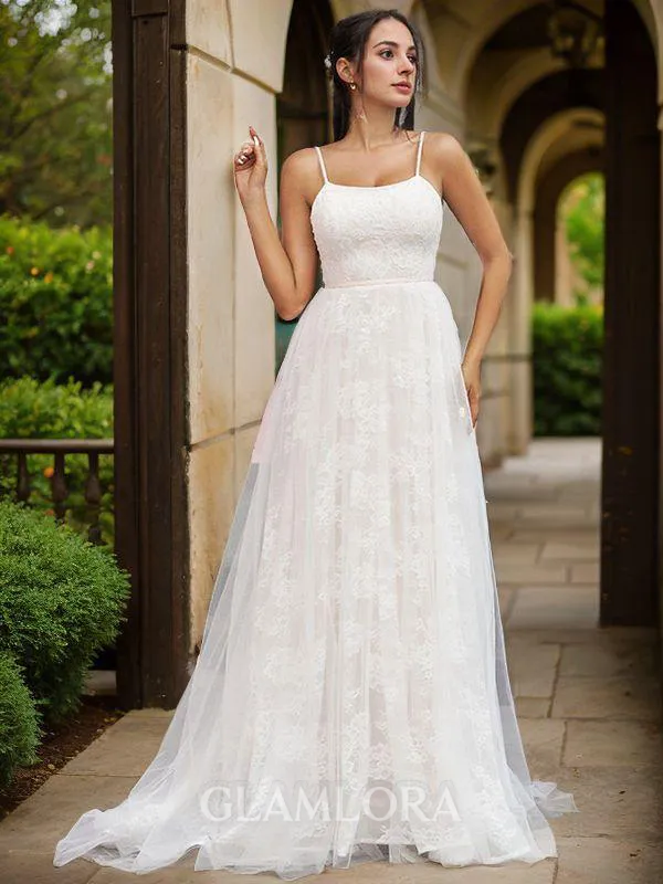 A-line Spaghetti Straps Unique Sleeveless Sweep Train Lace Wedding Dresses