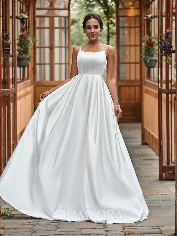 A-line Spaghetti Straps Sleeveless Sweep Train Dazzling Satin Wedding Dresses