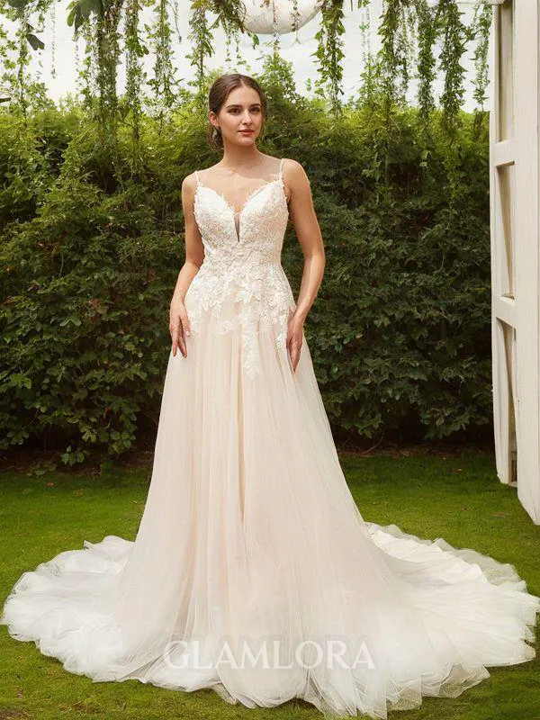 A-line V-Neck Stylish Sleeveless Court Train Tulle Wedding Dresses