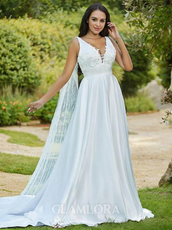 Flowing A-line V-Neck Sleeveless Sweep Train Satin Wedding Dresses