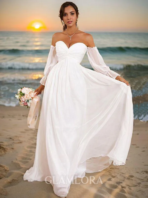 A-line Off-the-Shoulder Long Sleeves Sweep Train Delicate 30D Chiffon Wedding Dresses
