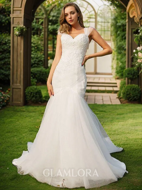 Trumpet/Mermaid Enchanting Sweetheart Sleeveless Sweep Train Tulle Wedding Dresses