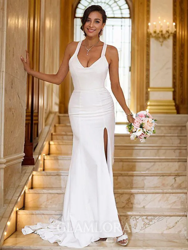 Sheath/Column V-Neck Sensual Sleeveless Sweep Train Stretch Crepe Wedding Dresses