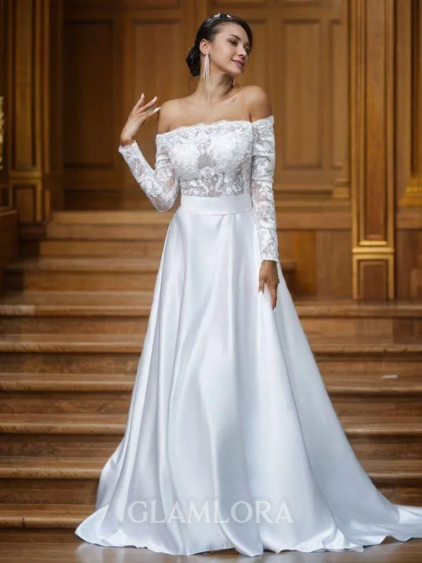 A-line Off-the-Shoulder Long Sleeves Sweep Train Delicate Satin Wedding Dresses