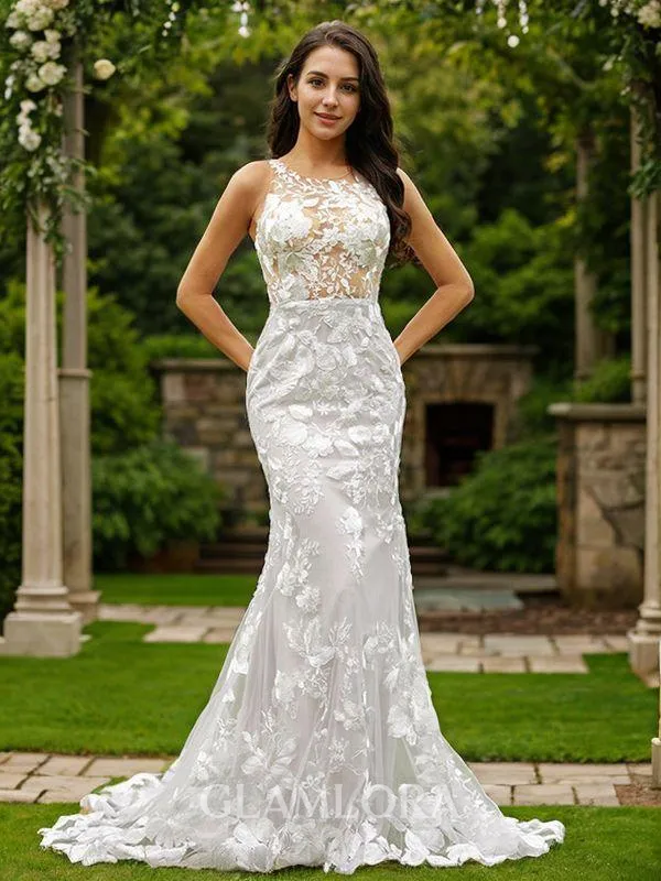 Sheath/Column Scoop Delicate Sleeveless Sweep Train Lace Wedding Dresses